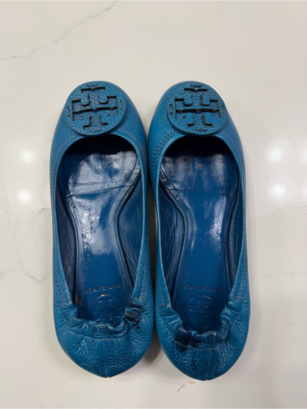 Tory Burch Blue Leather Logo Round-Toe Ballet Flats